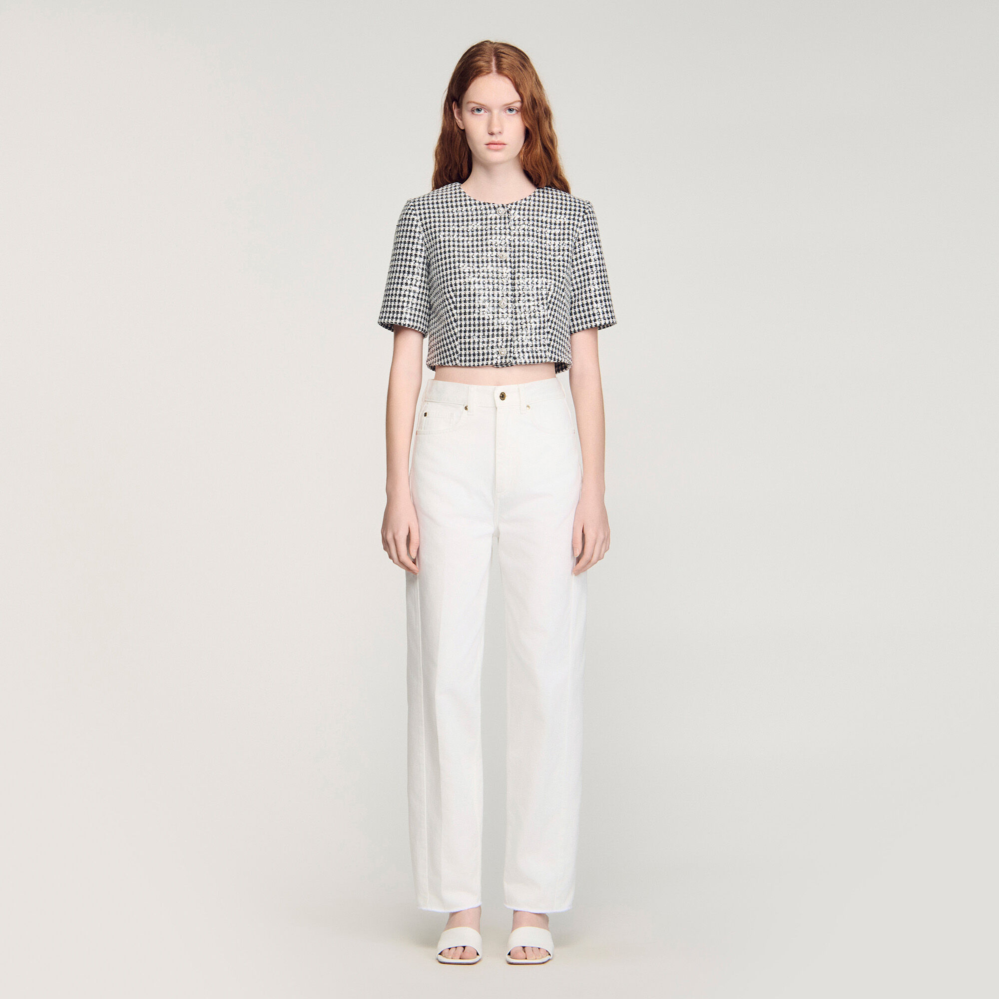 Top corto in tessuto tweed a quadretti