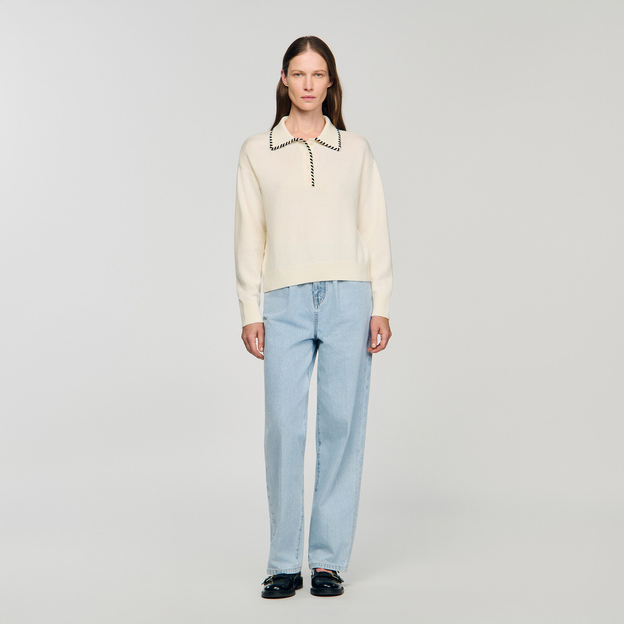 Pullover lavorato con collo a polo a contrasto