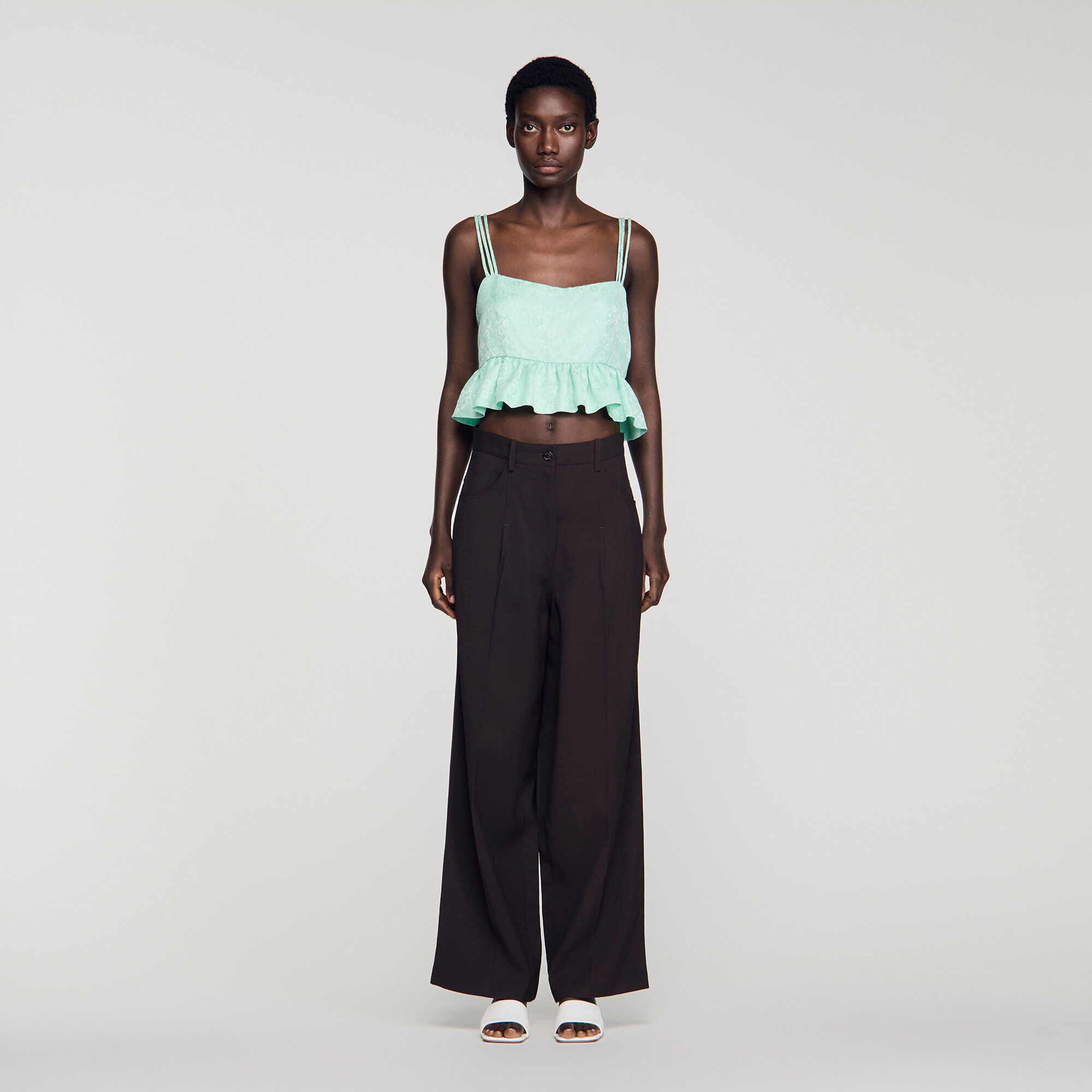 Top corto a rouches in jacquard floreale