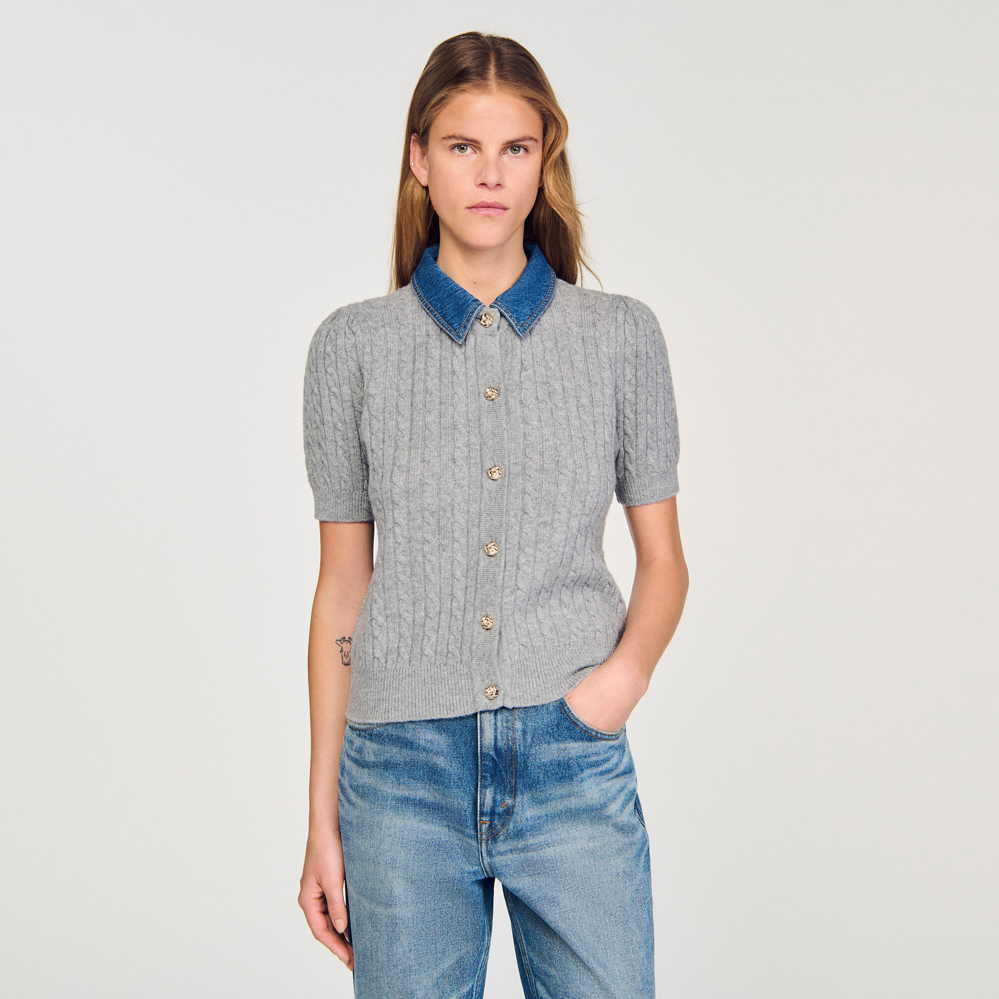 Cardigan con colletto in denim staccabile