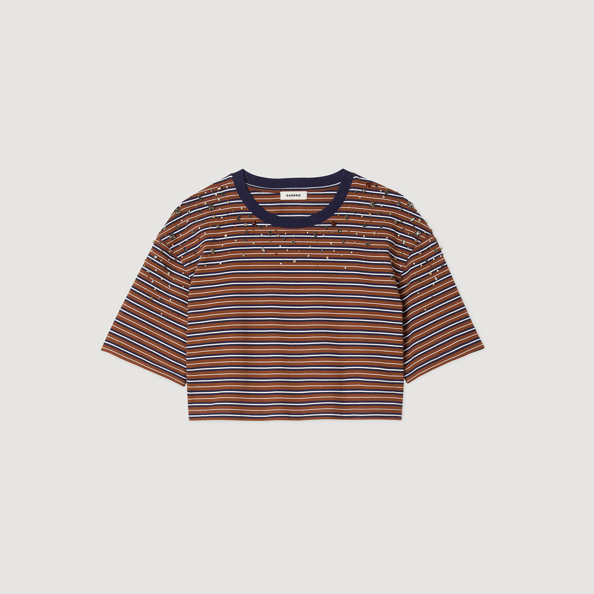 T-shirt con pietre di cristallo a righe