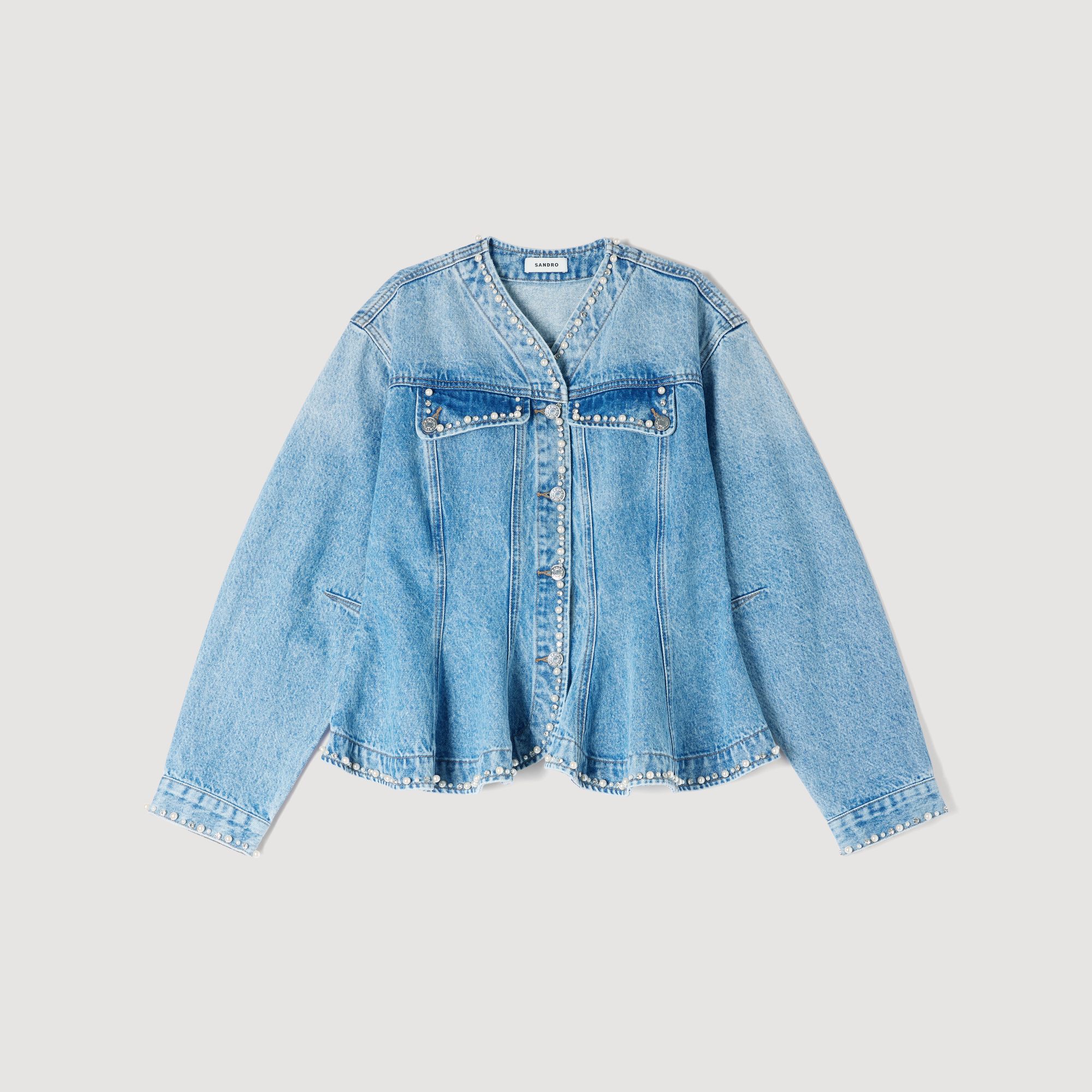 Giubbotto in denim con perline e vita a peplum