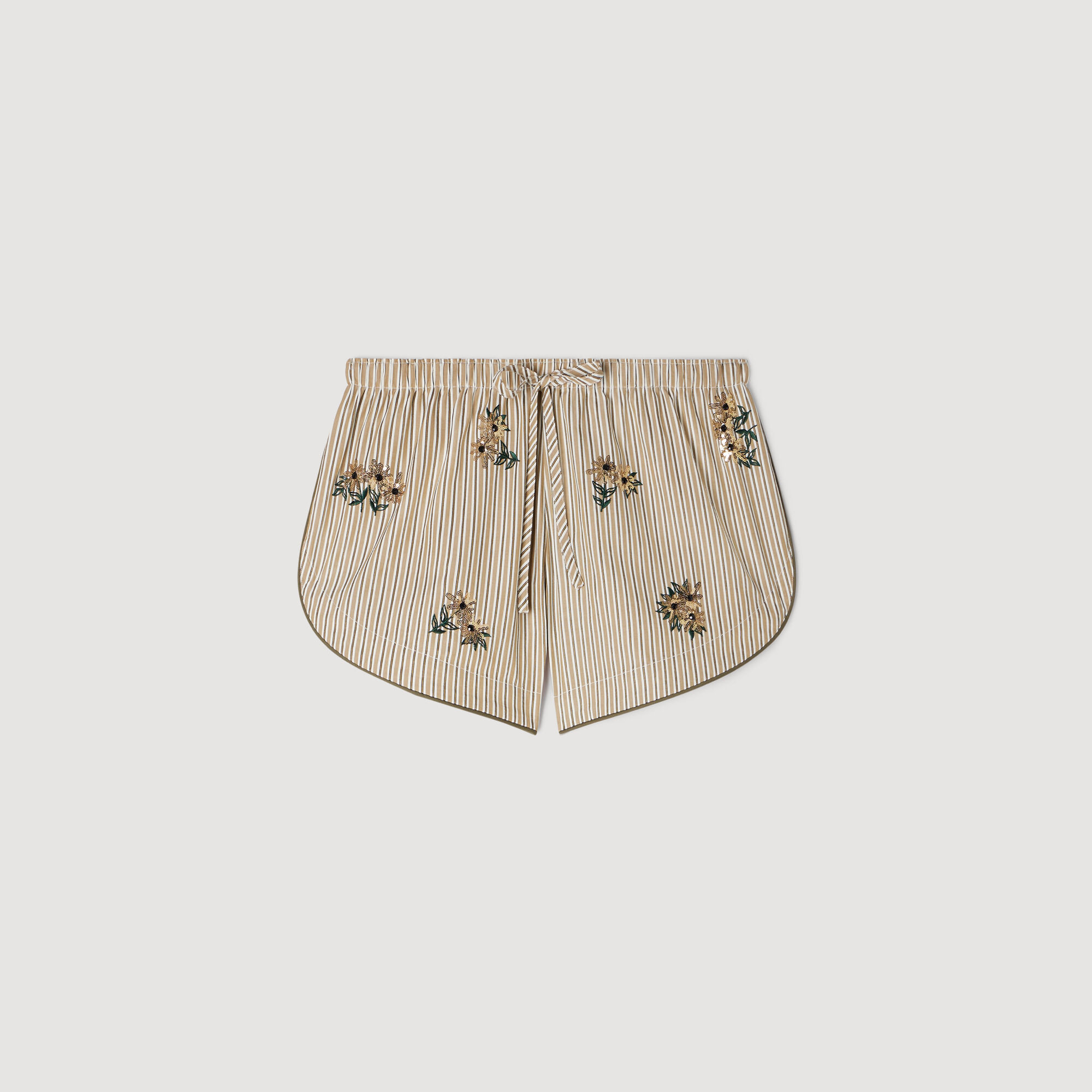 Pantaloni corti a righe con ricami floreali