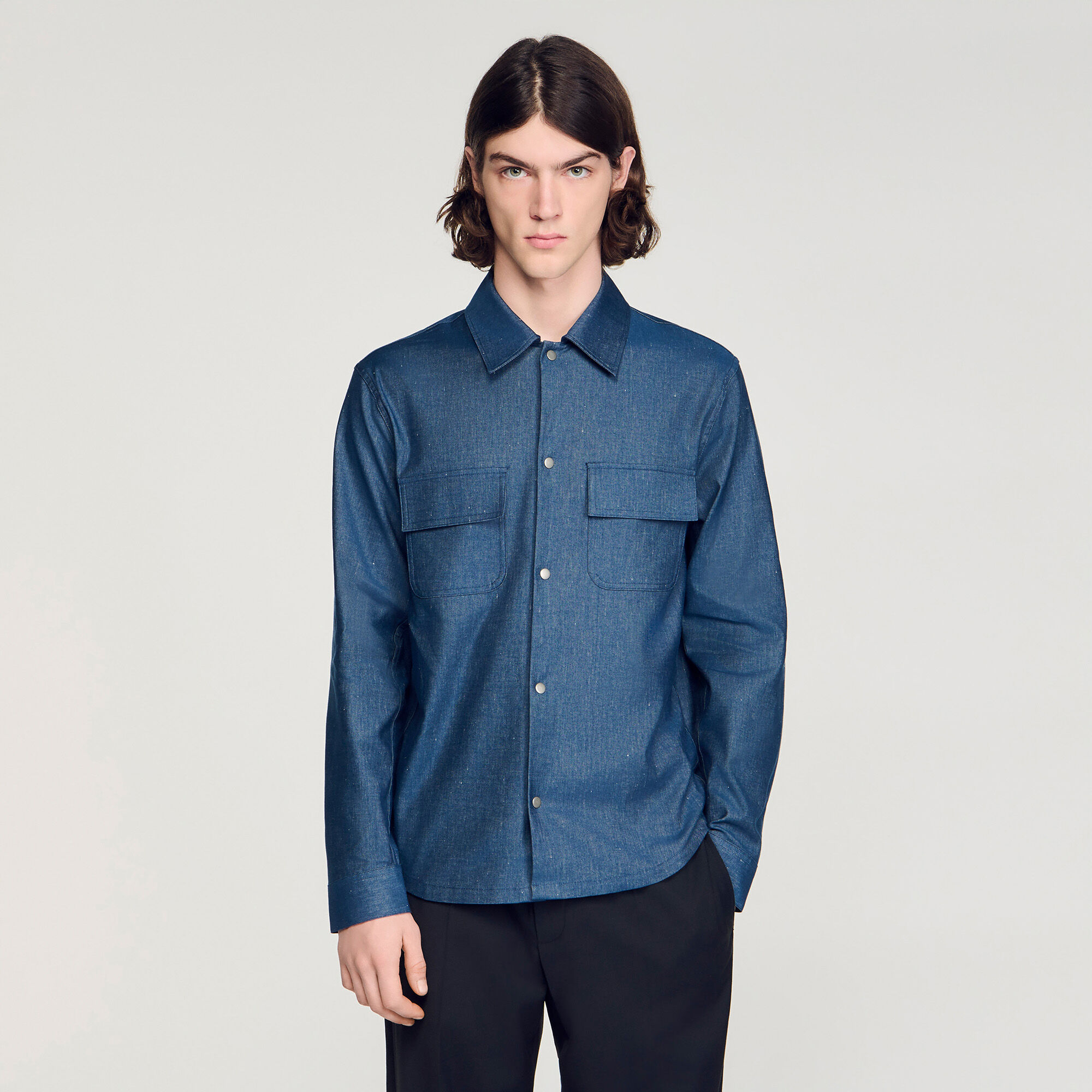 Camicia in cotone e lino con effetto denim