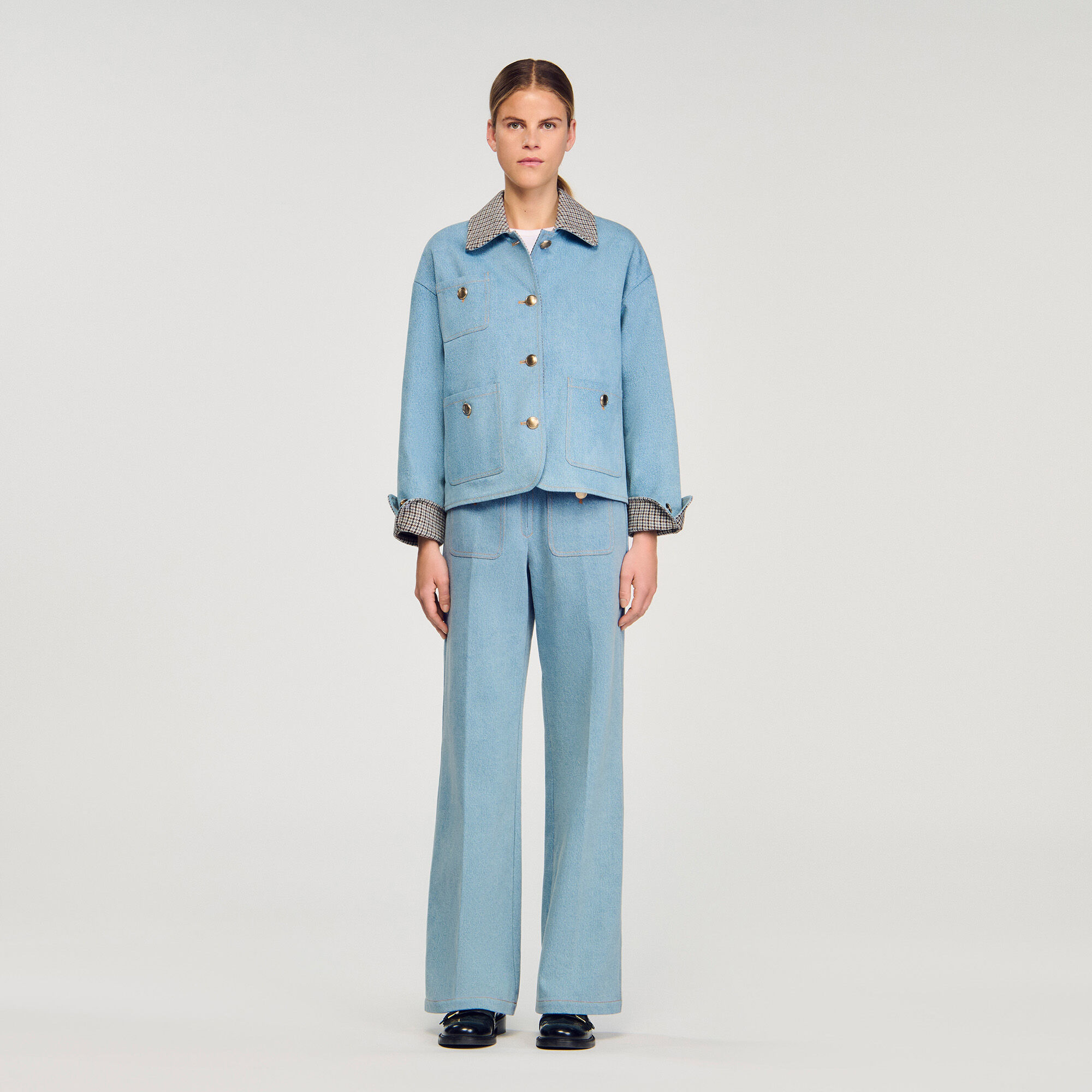 Giubbotto in denim con colletto a quadri