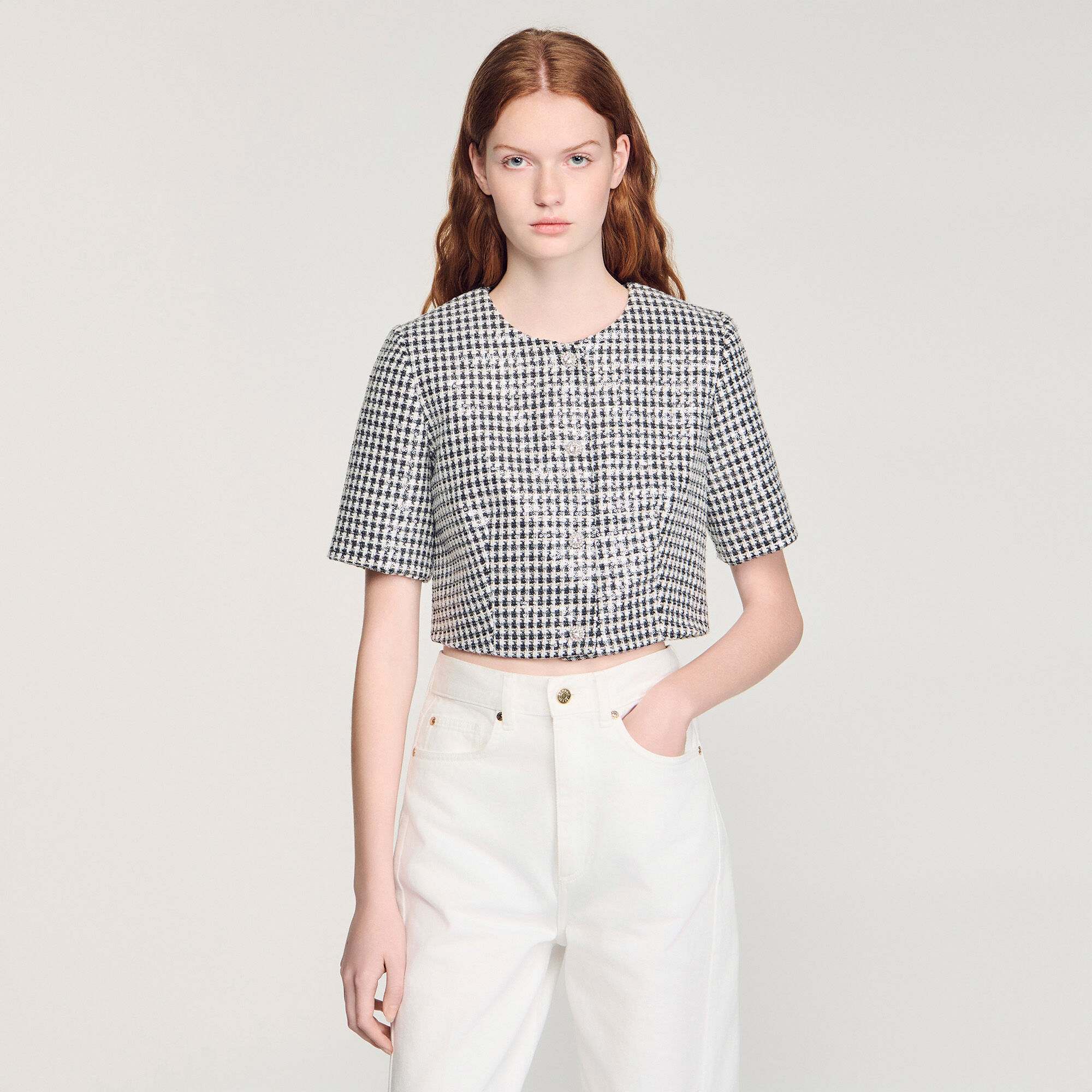 Top corto in tessuto tweed a quadretti