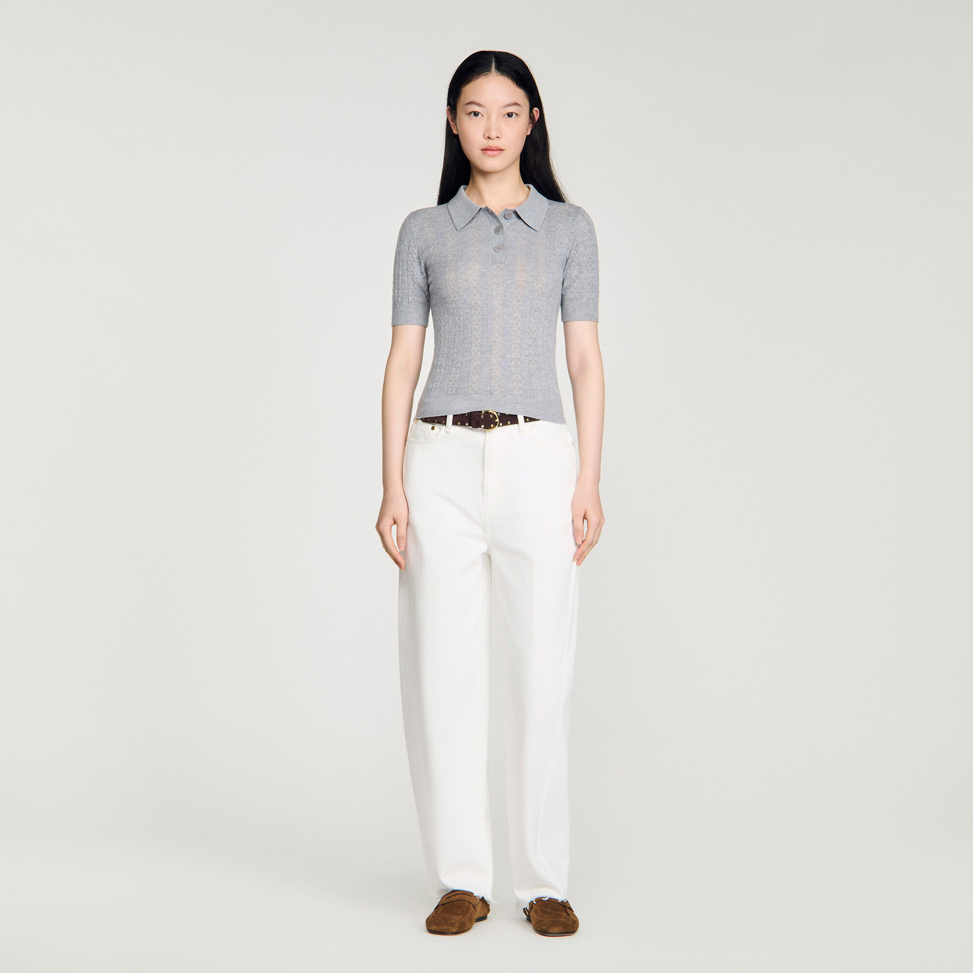 Pullover in lana con collo a polo pointelle