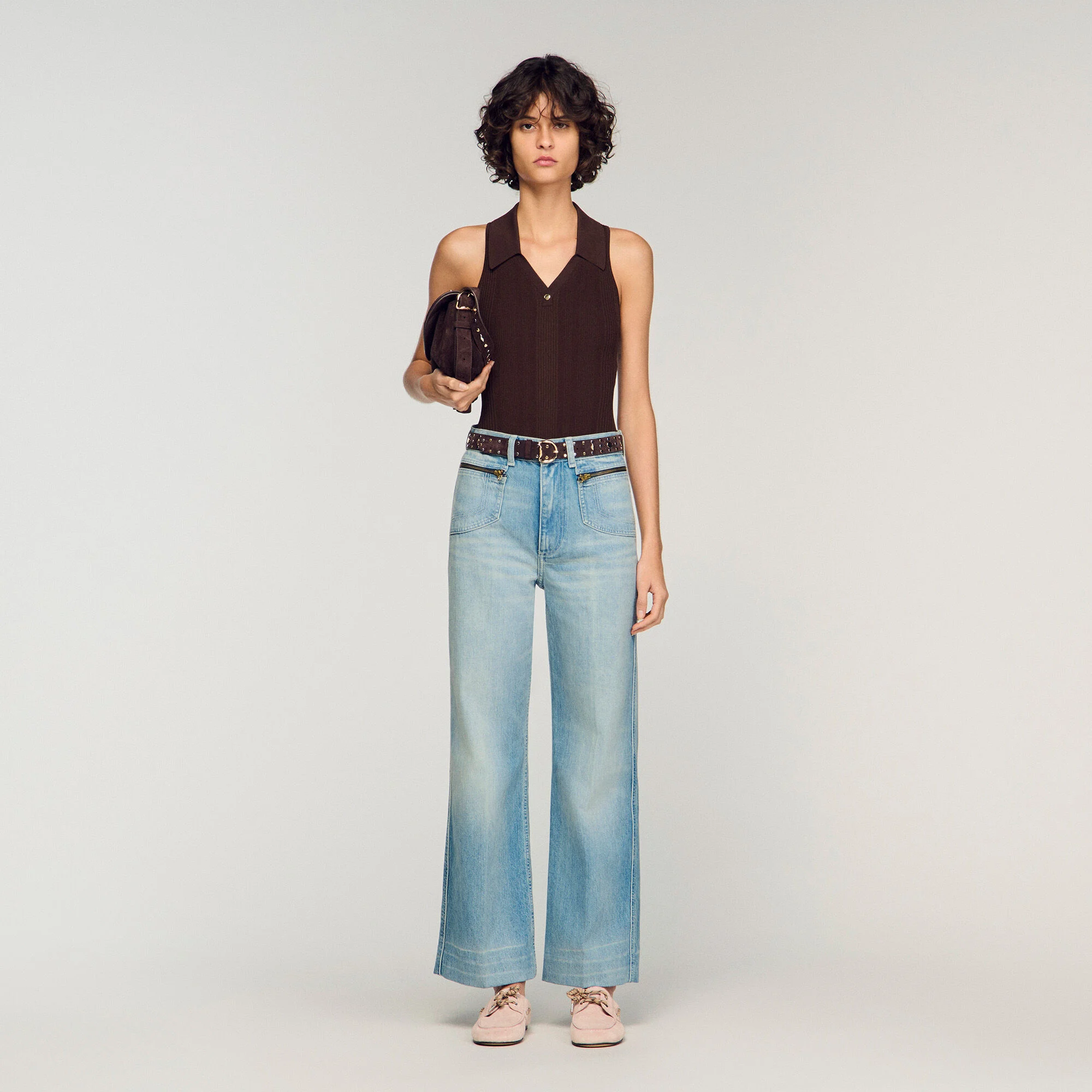 Jeans in cotone dritti con cerniera sbiaditi