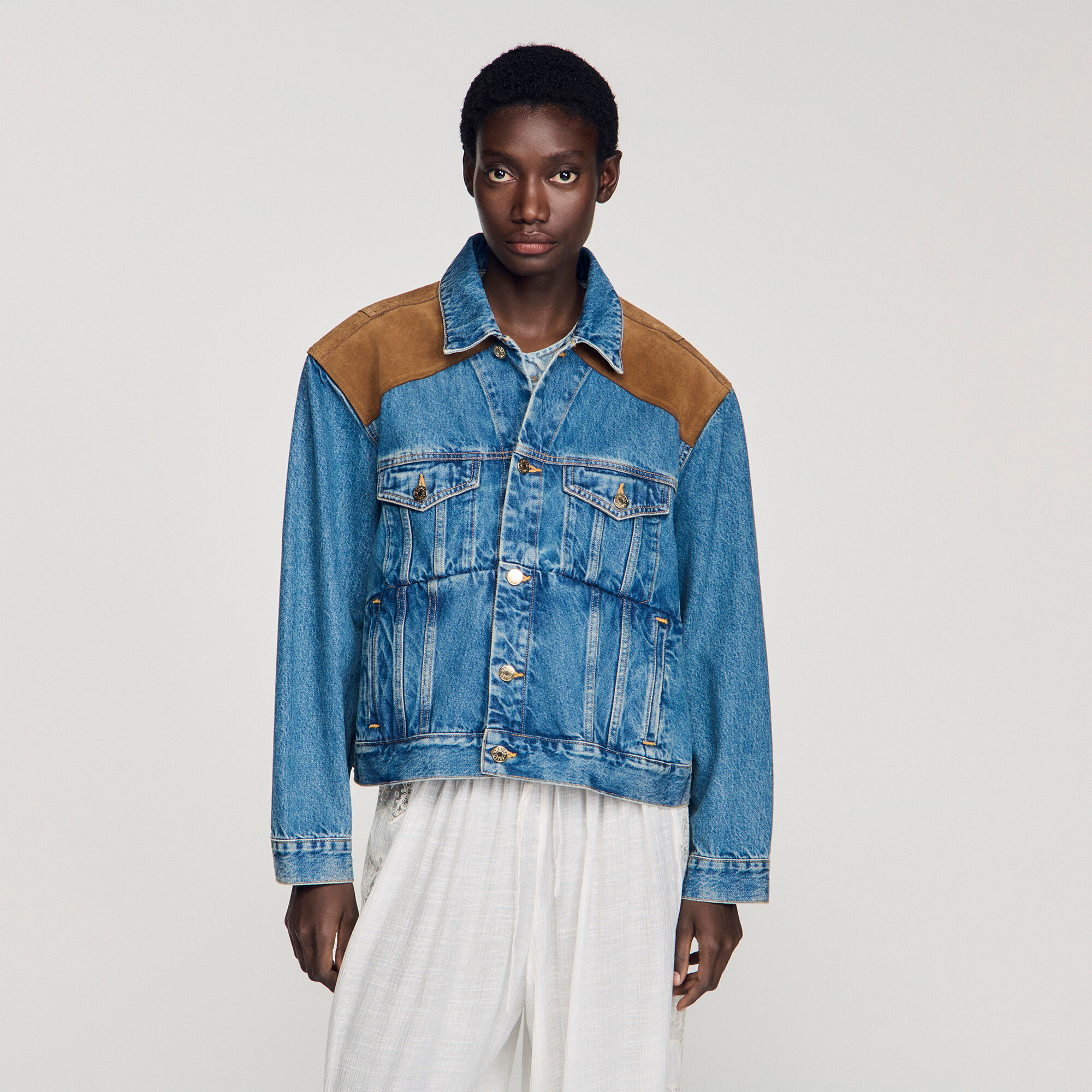 Giacca in denim e pelle scamosciata