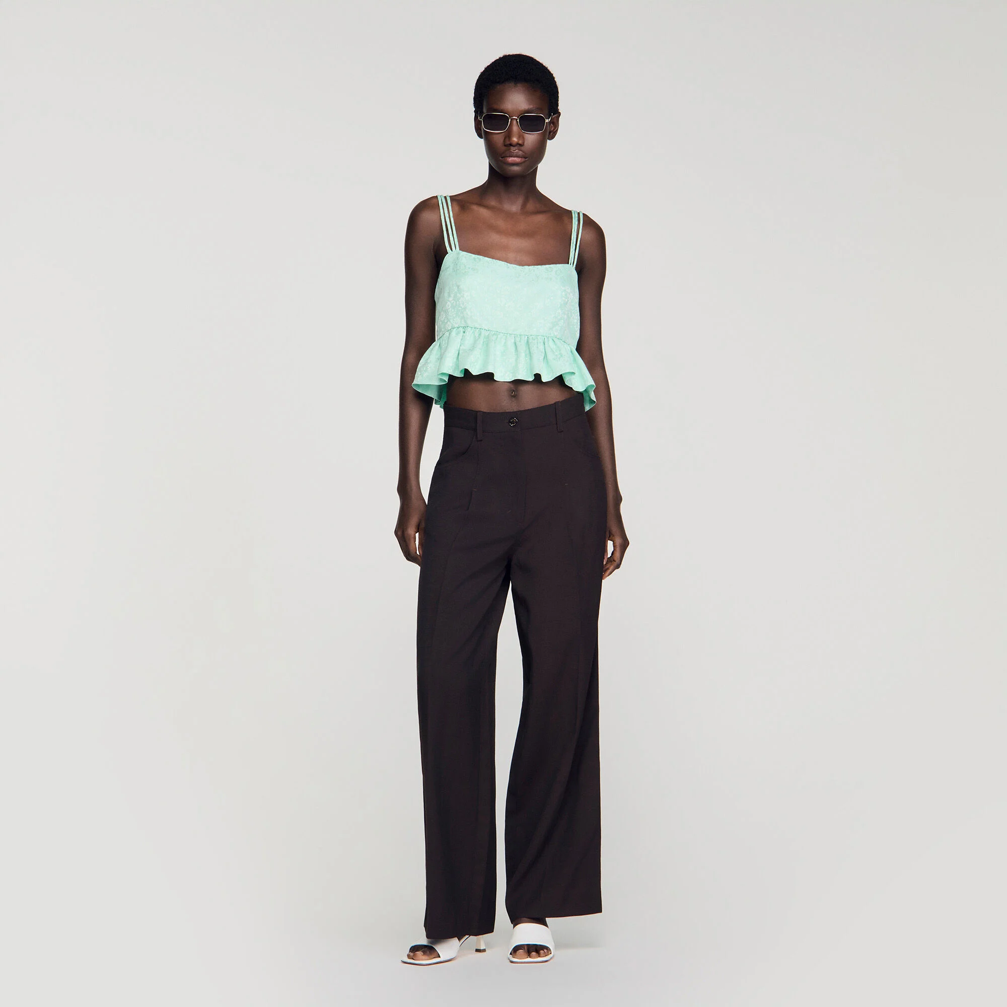 Top corto a rouches in jacquard floreale