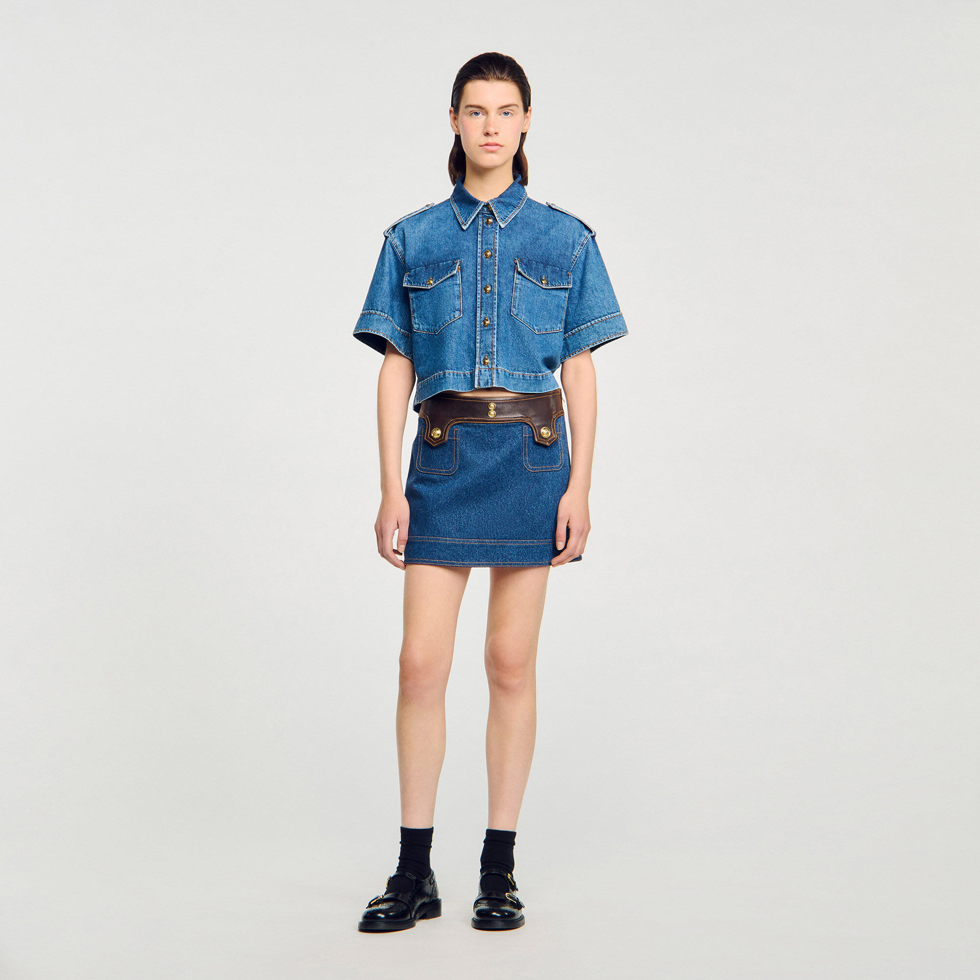Mini gonna in denim e pelle