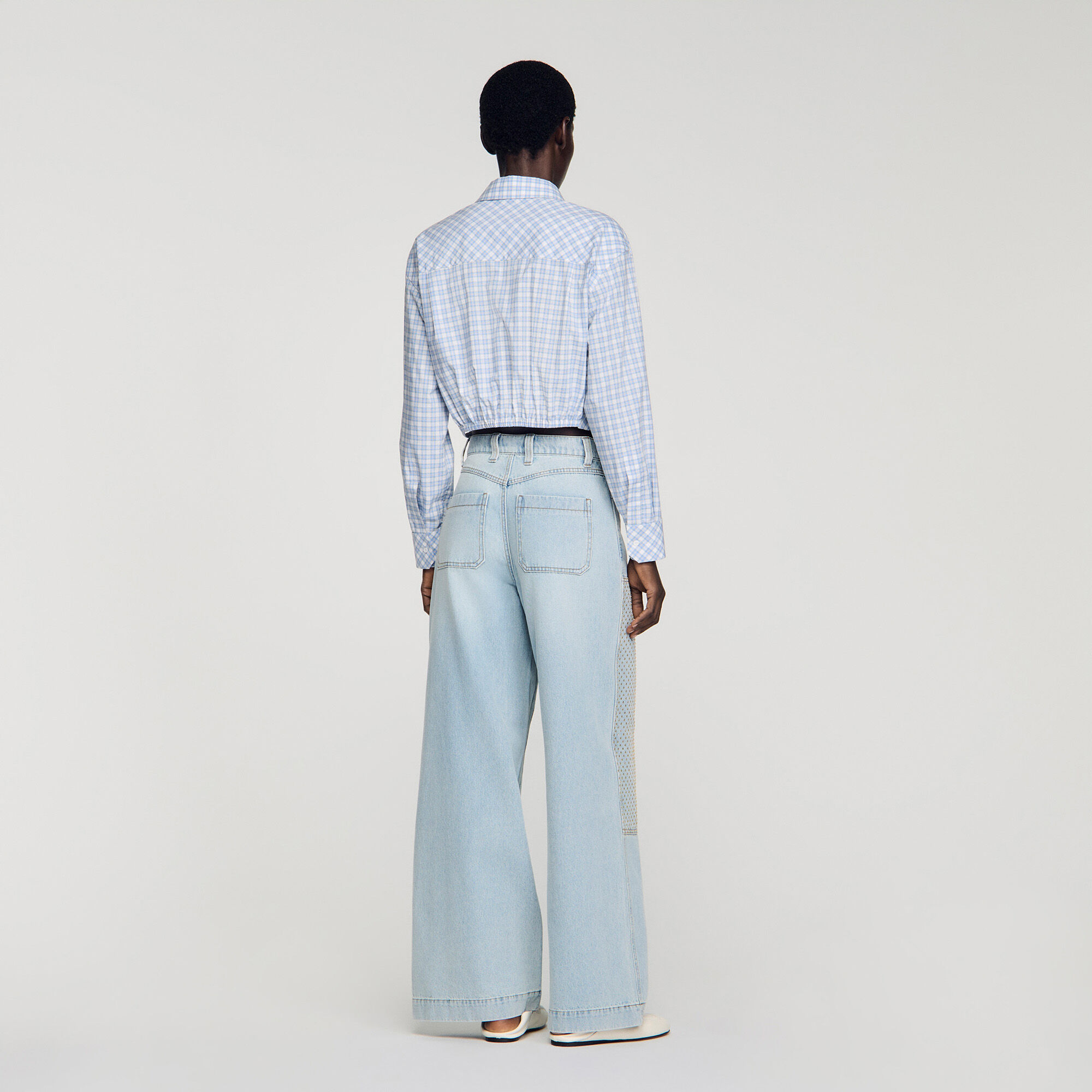 Jeans dritti con ricamo cristallo sbiadito